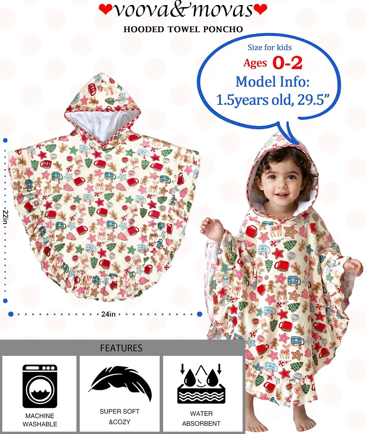 VOOVA & MOVAS Baby Hooded Towel Poncho with Ruffle Trim | Soft 100% Cotton | Absorbent Thick Towel for Bath, Swim, Beach & Winter | Cozy, Gingersnap