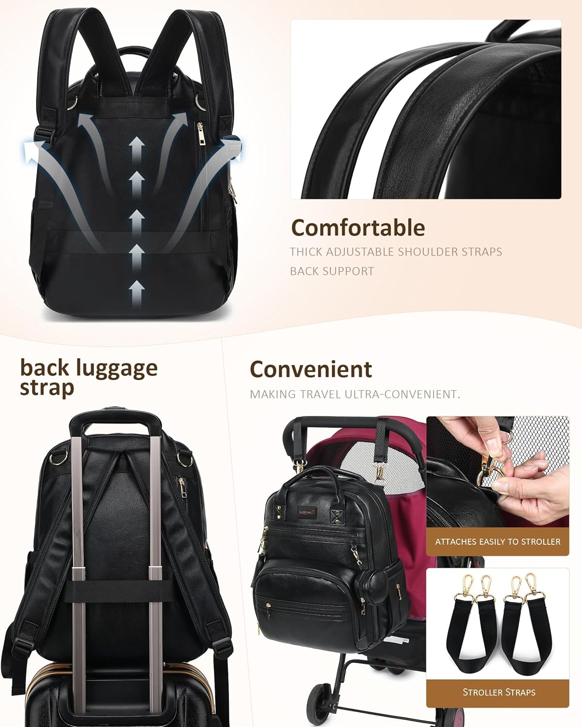 Premium Vegan Leather Diaper Bag Backpack with Waterproof Changing Pad, Reinforced Zippers & Odor-Free, 20 Pockets Pro Organizer, Fits 15.6" Laptop, Stroller Straps, Baby Bag for Mom, Black