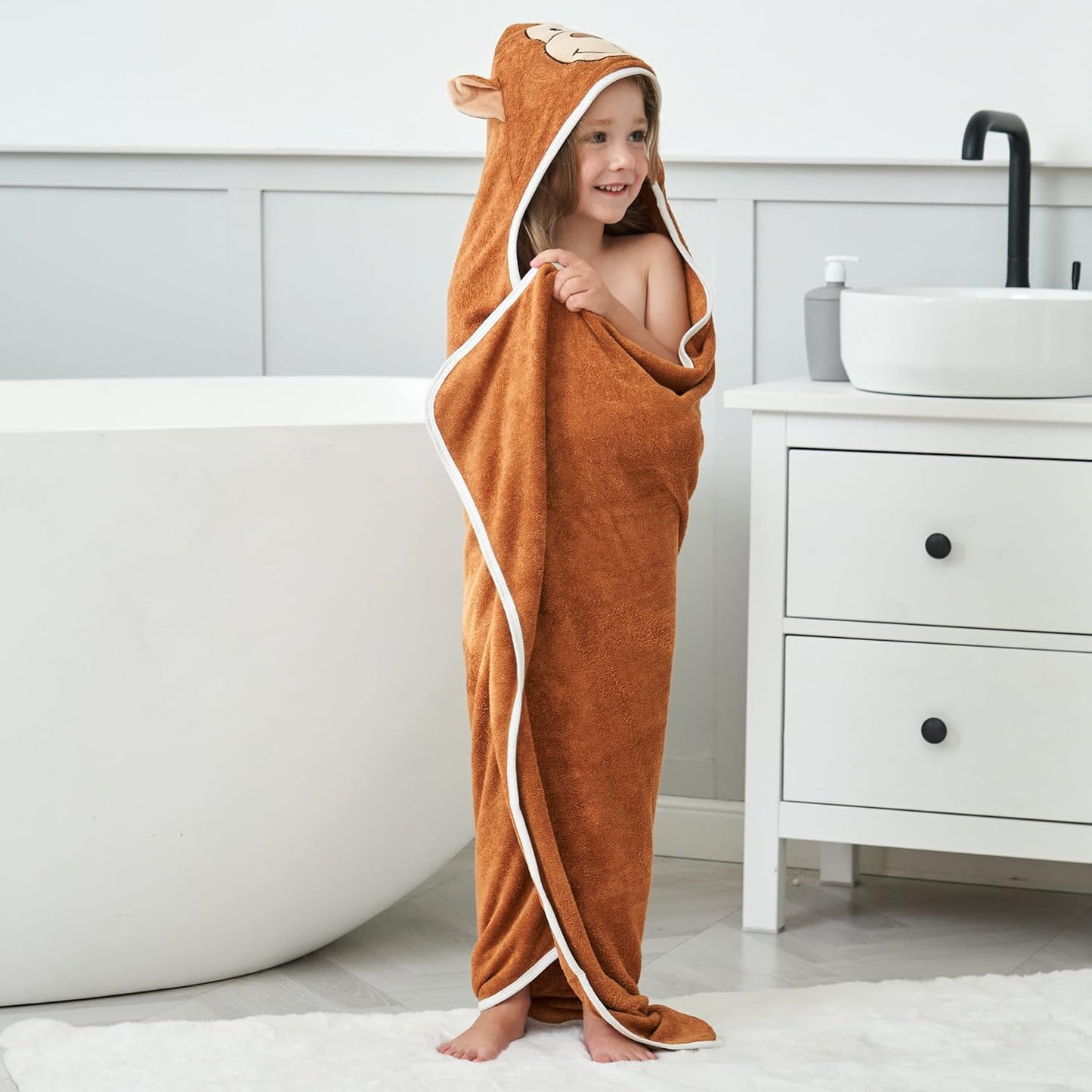 HIPHOP PANDA Hooded Towel - Rayon Made from Bamboo, Bath Towel with Bear Ears for Newborn, Babie, Toddler, Infant - Absorbent Large Baby Towel - Monkey, 37.5 x 37.5 Inch