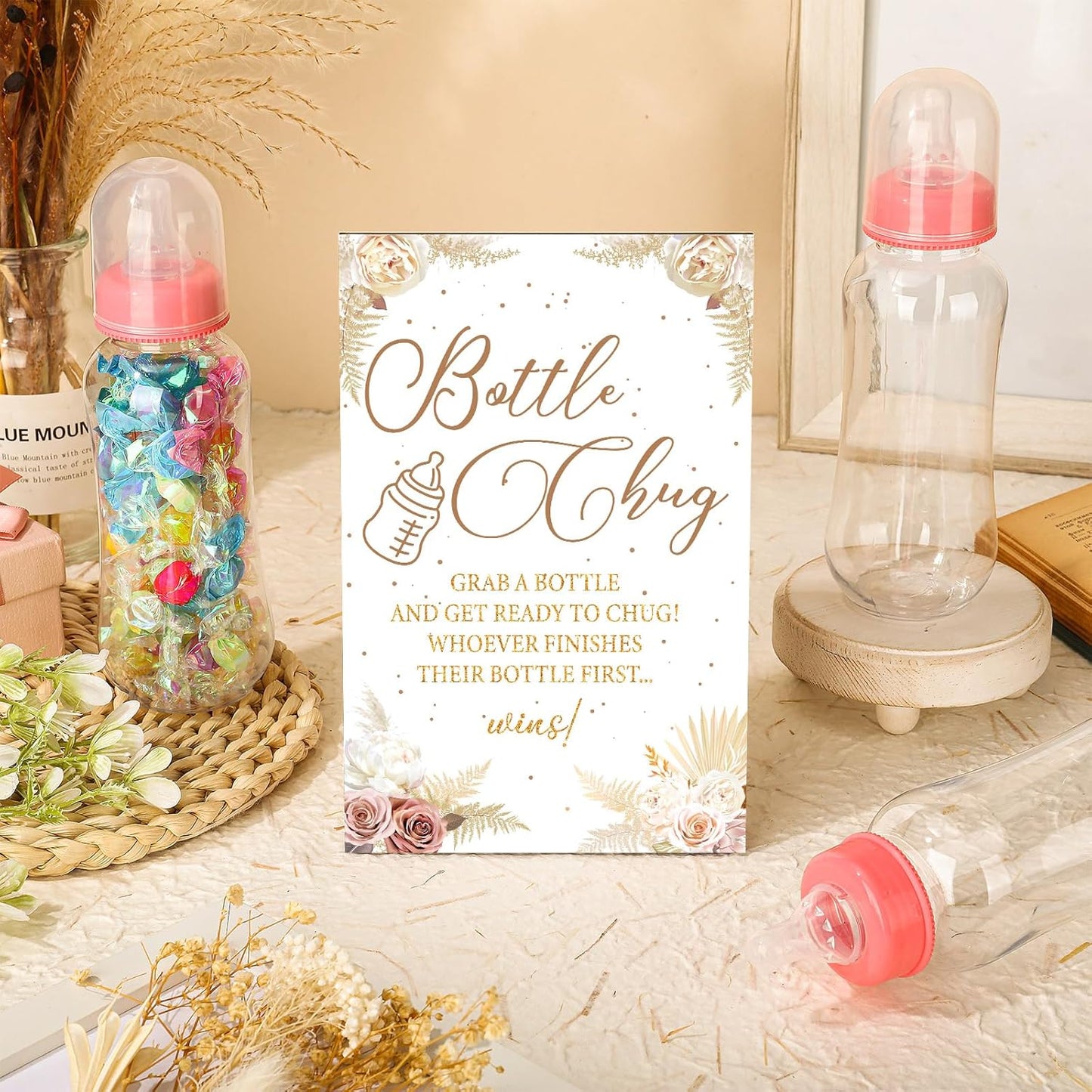 TrelaCo Cool Baby Shower Games Wooden Bottle Chug Sign Boho Theme Gift Sets and 12 Pcs Baby Bottle Shower Favor for Pampas Games Gender Reveal (Boho Pampas)