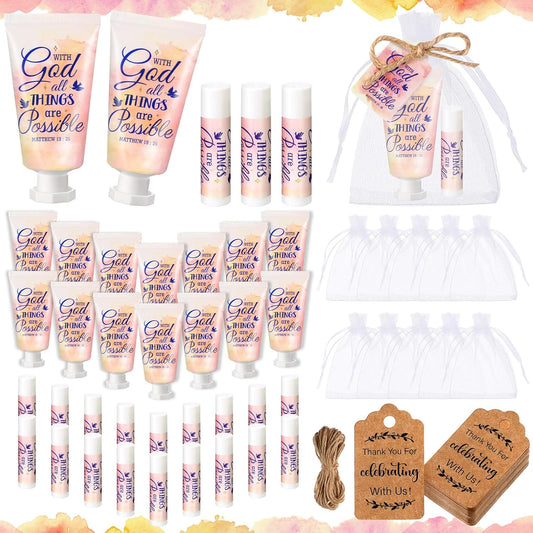 24 Sets Christian Hand Cream and Lip Balm Gift Set Christmas Christian Gift for Women Travel Size Hand Lotion Bible Verse Lip Balm Bulk for Baby Bridal Shower Mom Holiday Gift (Lovely)