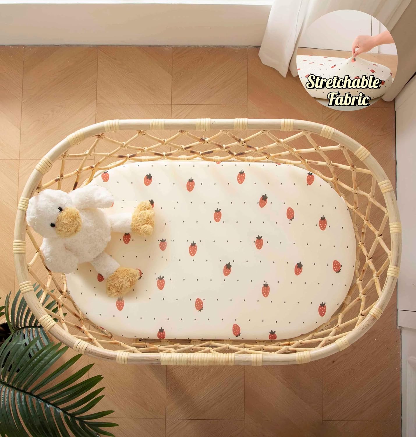 SDY Strawberry Bassinet Sheets for Baby Girl and Boy Set 2 Pack 32 * 16 * 4 inches,Jersey Baby Bedding Fit Hourglass Oval Rectangle Bassinet Mattress，Newborn Essentials (Strawberry&Polka Dot)