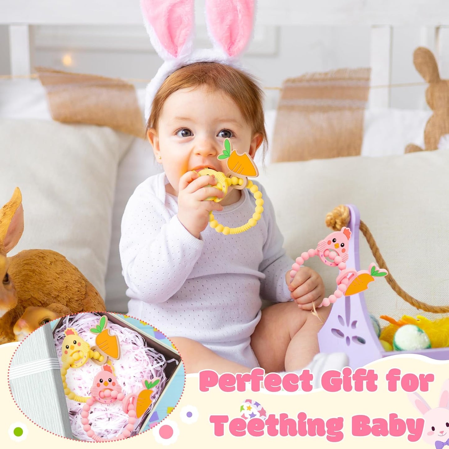 Silicone Teether Toys for Babies - 2ooya 2Pcs Pink Yellow Carrot Chick Teething Ring Infant Soft Teethers, Toddler Teething Chew Toys for Newborn Boy and Girl Baby Shower Birthday Gifts