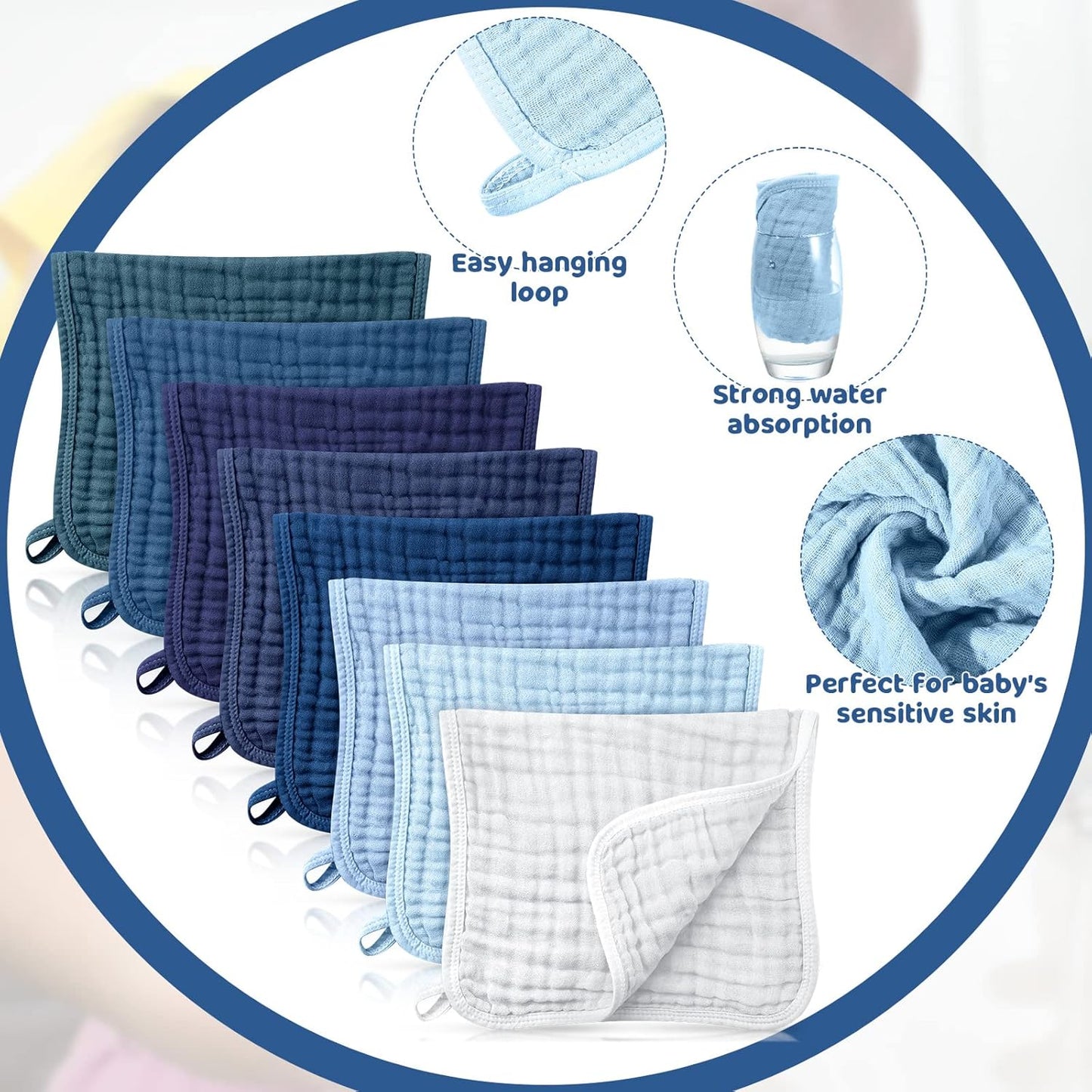 8 Packs Muslin Burp Cloths 6 Layers Unisex Baby Items Absorbent Burp Rags Colorful Muslin Washcloths for Baby Plain Soft Cotton Cloth for Babies Girls Boys, 10 x 20 Inch (Fresh Colors)