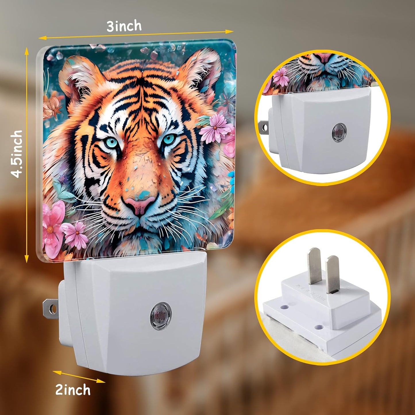 Watercolor Tiger Surrounded by Flowers Night Light Plug Wall,LED Night Lights with Dusk to Dawn Light Sensor for Women Girls Boys Room Decor,Hallway,Kitchen,Bathroom,Nursery,Stairs