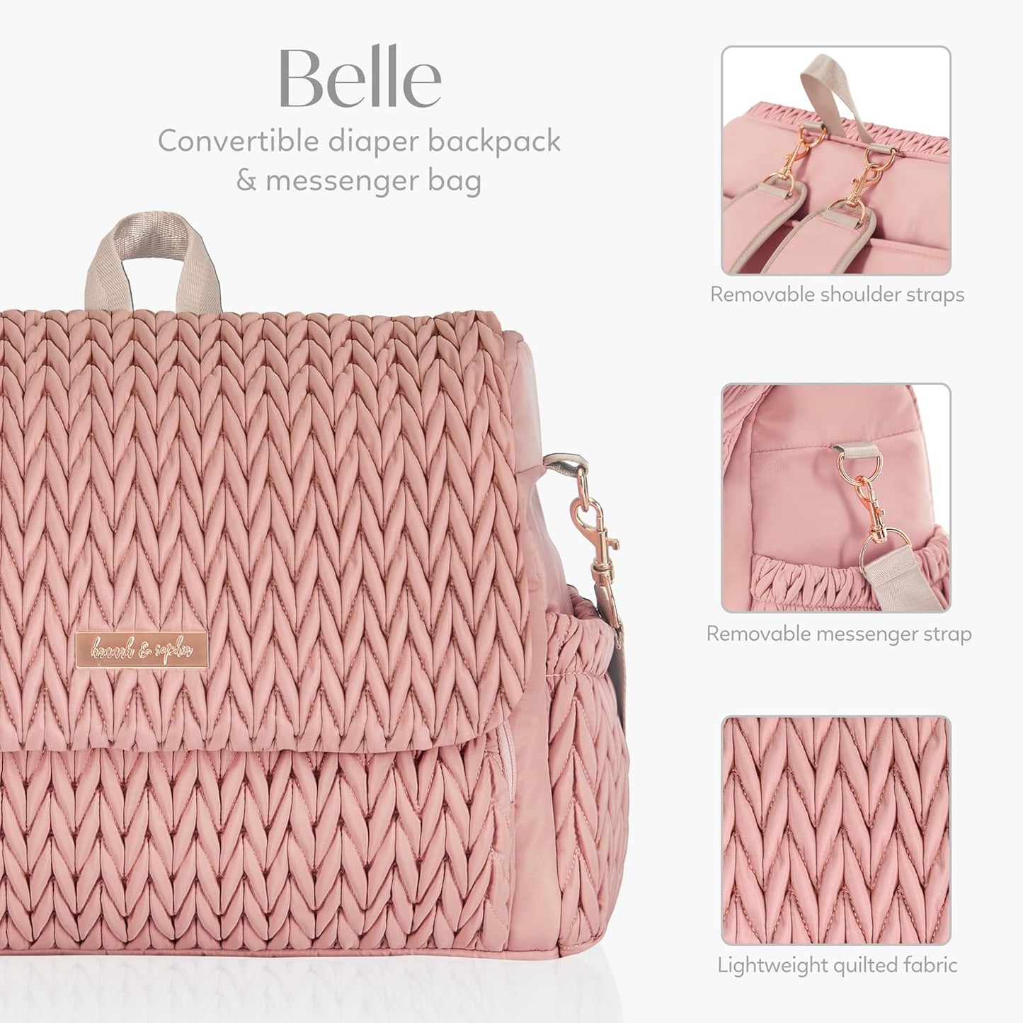 Hannah & Sophia Belle Convertible Baby Diaper Backpack & Bag in Pink Polyester with Classic Style