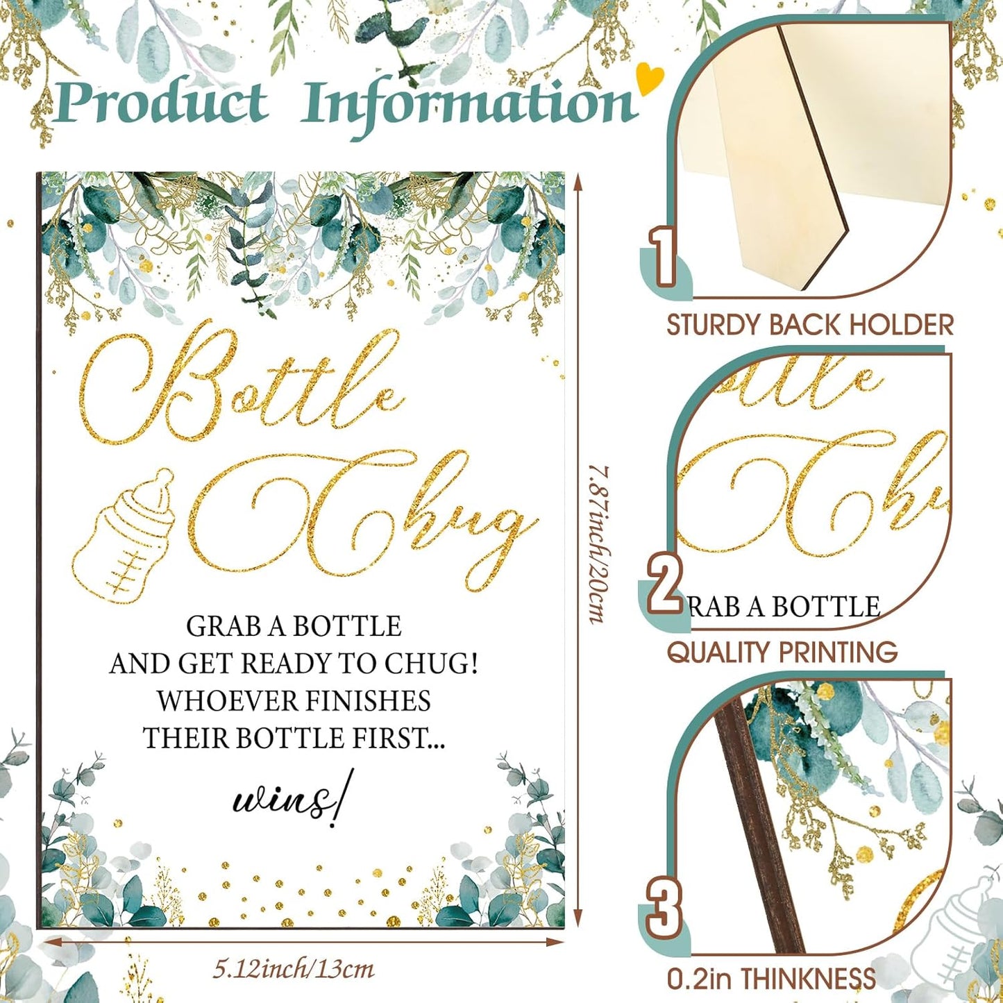 TrelaCo Greenery Cool Baby Shower Games Bottle Chug Sign Wooden Neutral Greenery Floral Gift Sets Gender Reveal Party Favors and 12 Pcs Baby Bottle Shower Favor for Games Gender Reveal