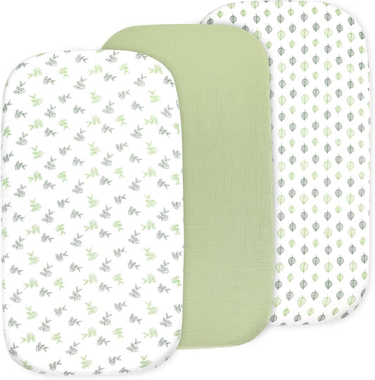 3 Pack Organic Muslin Bedside Bassinet Sheets Compatible with Mika Micky, Baby Delight, Dream On Me, AMKE and Other Bassinet Pads Size Between 17-21 in Width, 29-33 in Length, and 1.5-4 in Thick