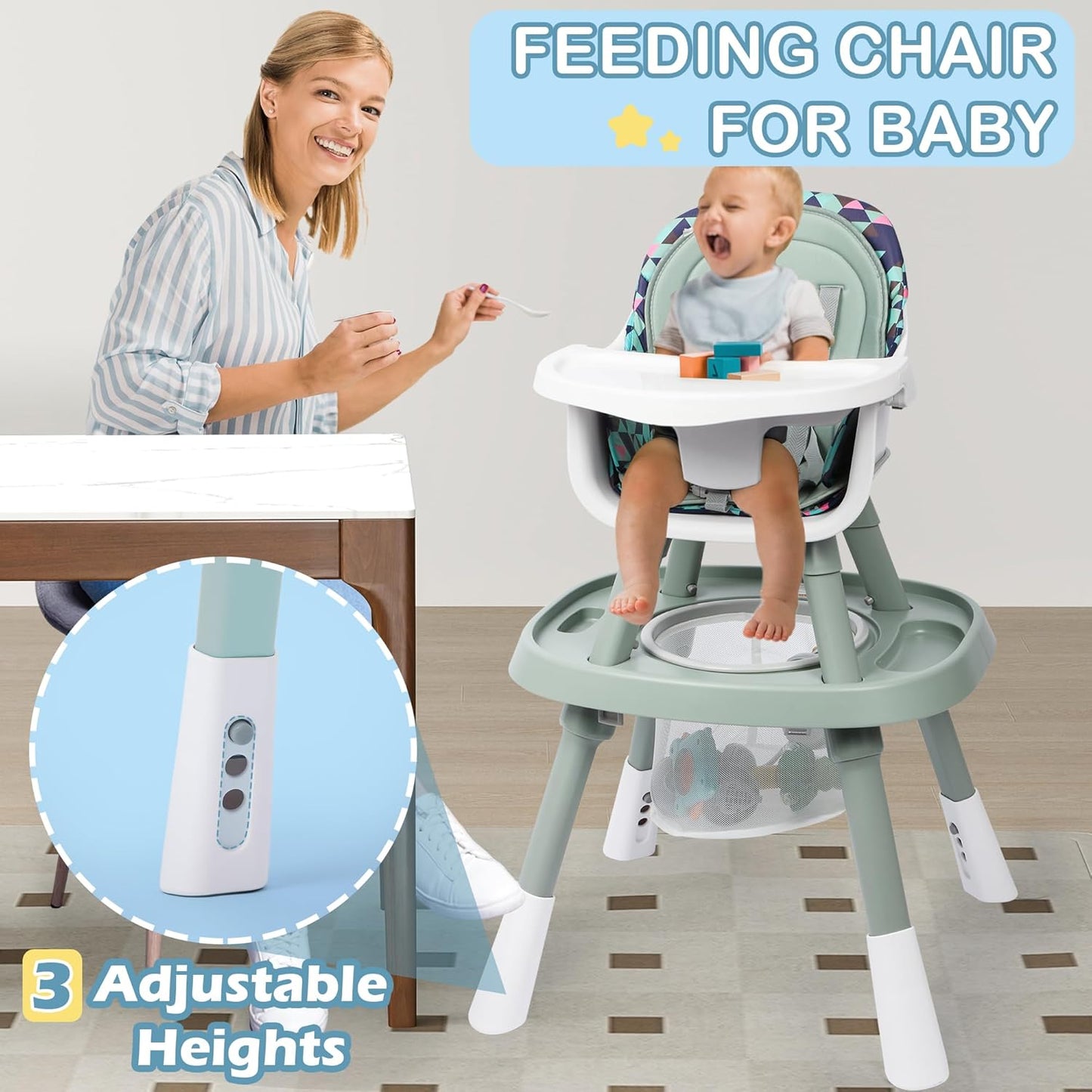 Xilingol 15-in-1 Convertible High Chair, 2-in-1 Baby Highchair & Activity Center W/Toys, Booster Seat | Building Block Table | Toddler Chair W/Removable Tray & 5-Point Harness & 2-Layer Cushion(Green)