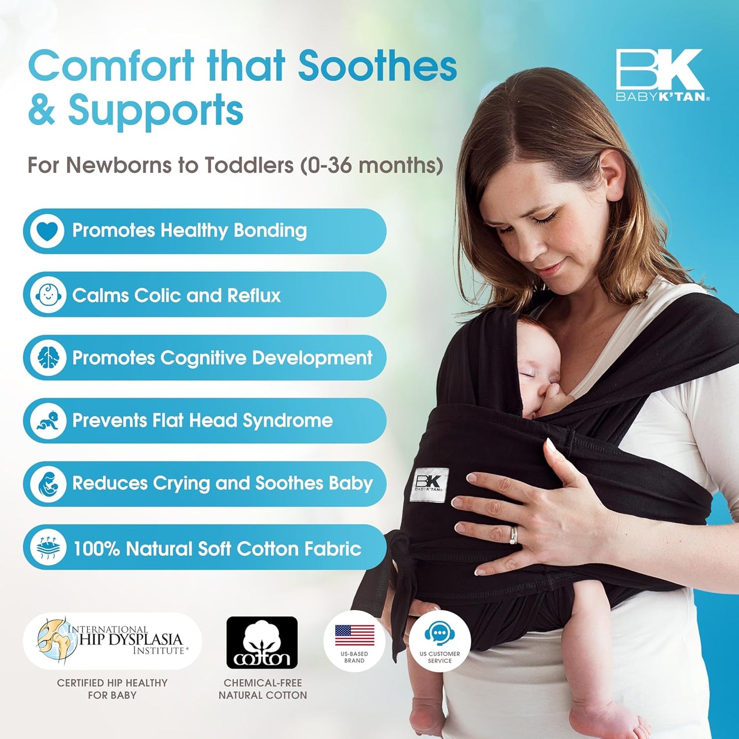 Original Baby K'tan Baby Carrier: #1 Easy Pre-Wrapped, Soft, Slip-On, No Rings, No Buckles | 5 in 1 Baby Sling Gift | The Best Hands Free Infant Wrap | Black | Large