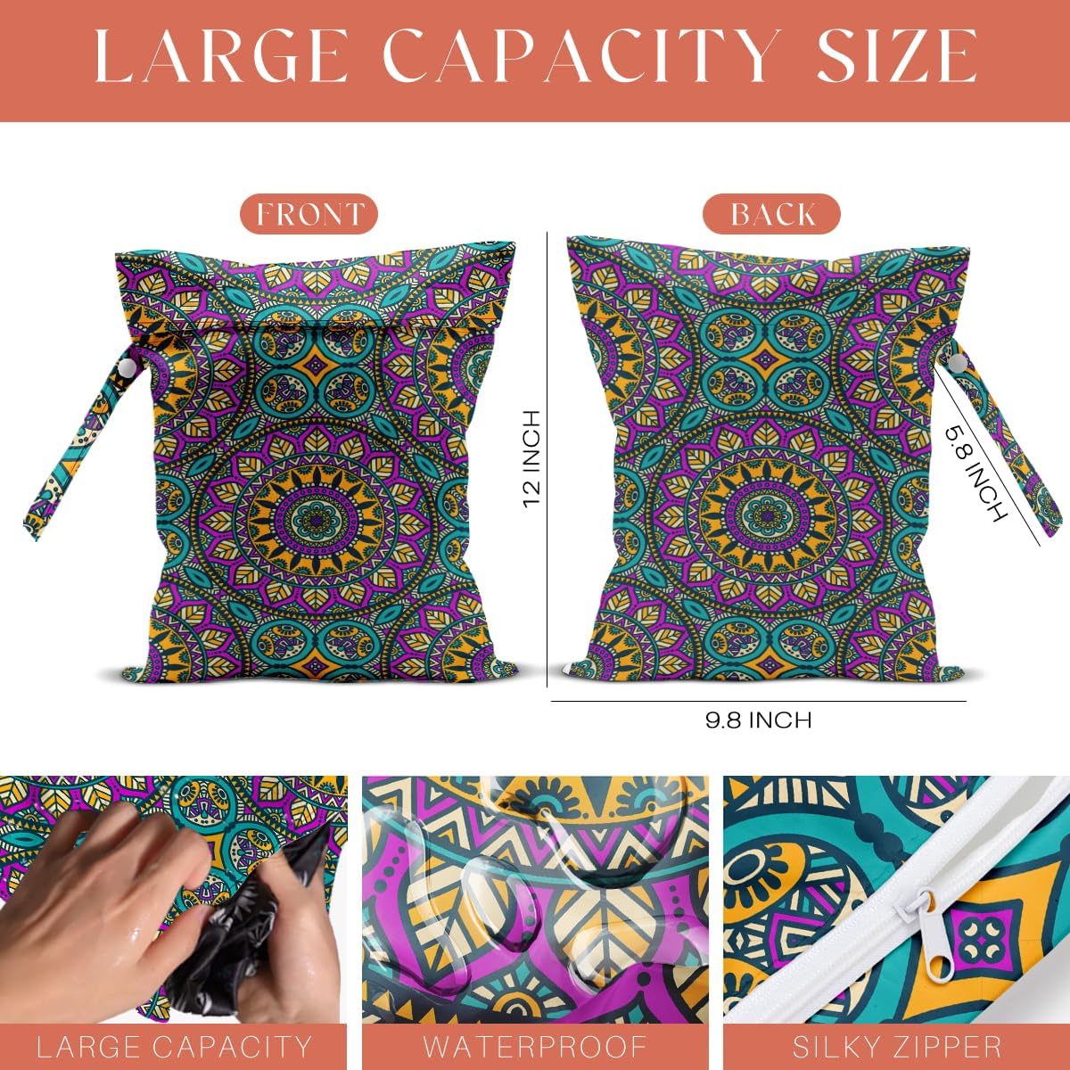 4 Pack Boho Mandala Floral Lover Gift Wet Bag Waterproof Washable Reusable Wet Dry Bag for Swimsuit Clothes Cloth Diaper Travel Pool Yoga Toiletries Gift for Women Sister Mama Birthday Christmas