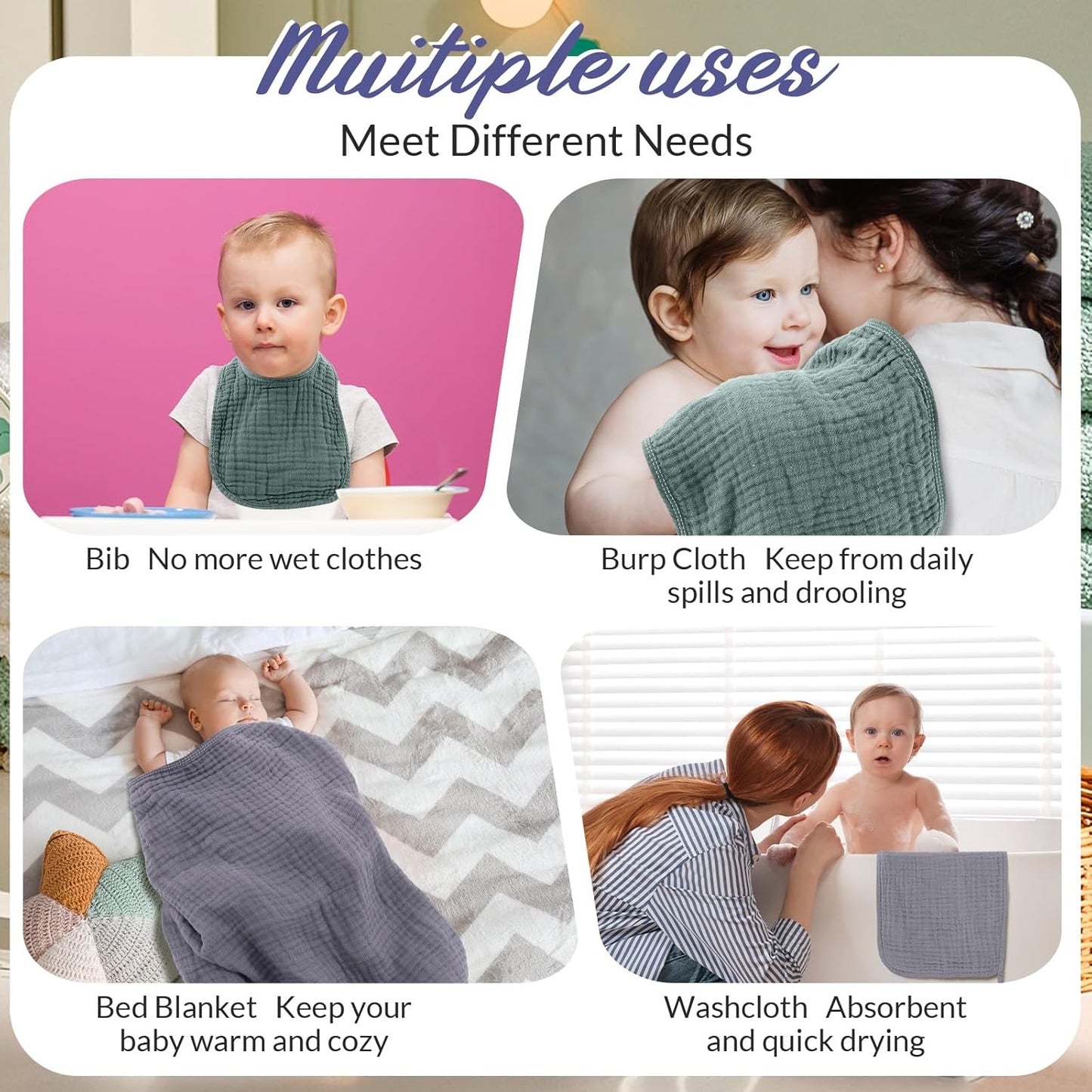 6 Pcs Muslin Hooded Bath Towels Washcloths and Bibs Set, Muslin Cotton Baby Towels Absorbent Hooded Blanket Towel Infant Bibs for Boys Girls Newborn Infant Essentials(Gray, Green)