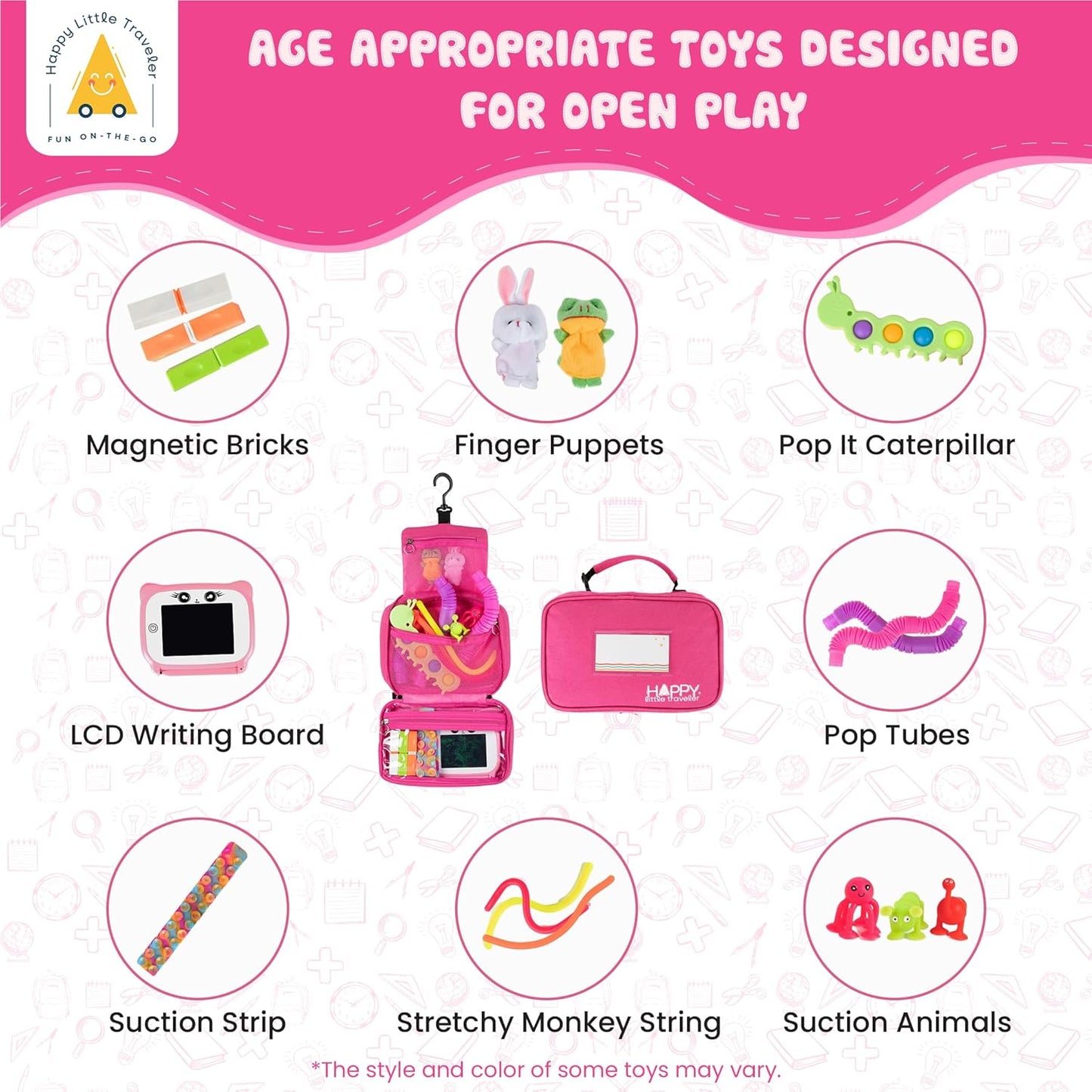 Travel Essentials for Kids – All-in-One Hanging Bag with Toddler Toys, Road Trip Activities for Kids, Sensory Toys & Travel Games for Airplane Trips, Car Rides - Boys & Girls 3+ Years, Toddler Pink