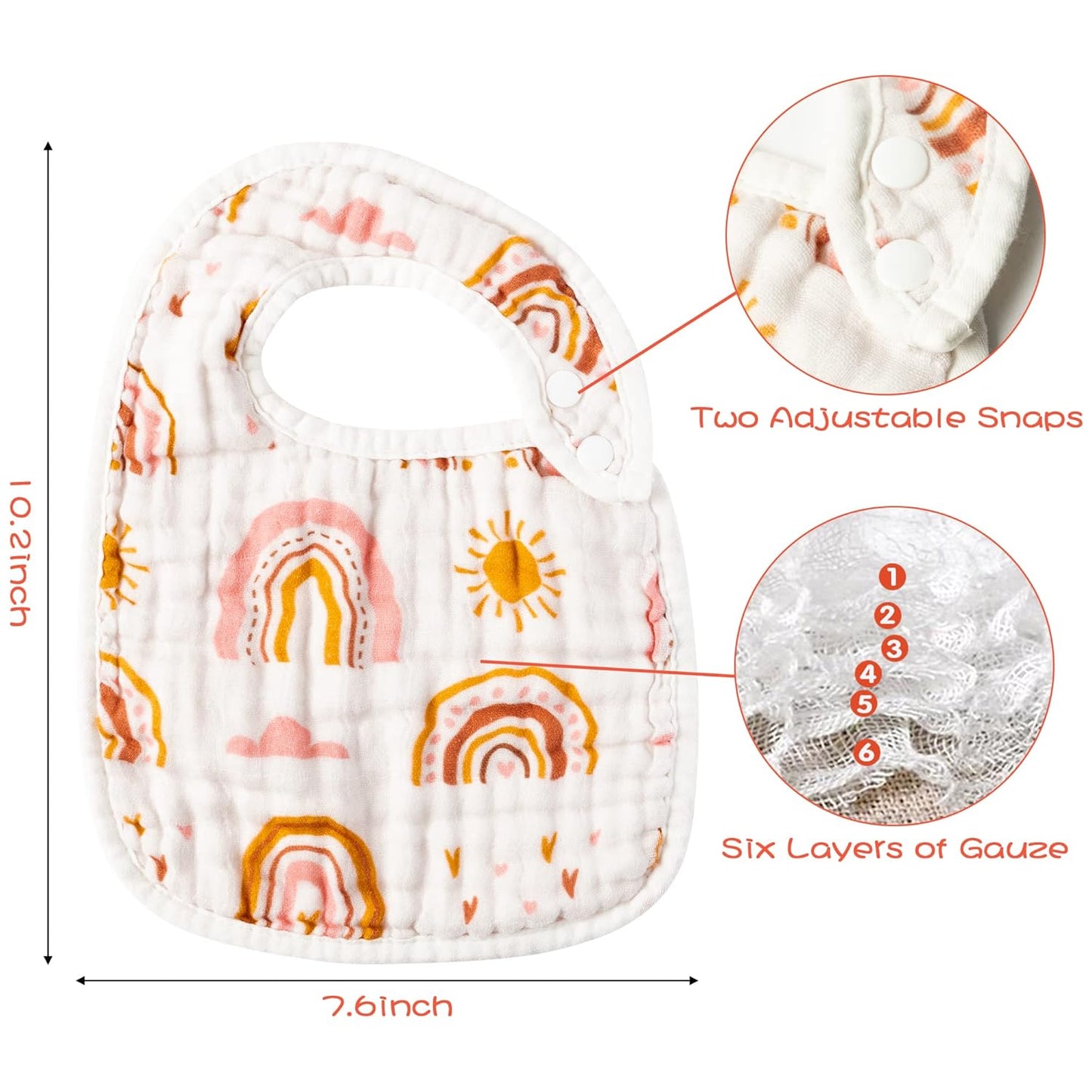 Zainpe 6Pcs Snap Muslin Cotton Bibs for Baby Rainbow Sun Star Adjustable Feeding Bib, Machine Washable Unisex Burp Cloths with 6 Absorbent Soft Layers for Infant Newborn Toddler Drooling Teething