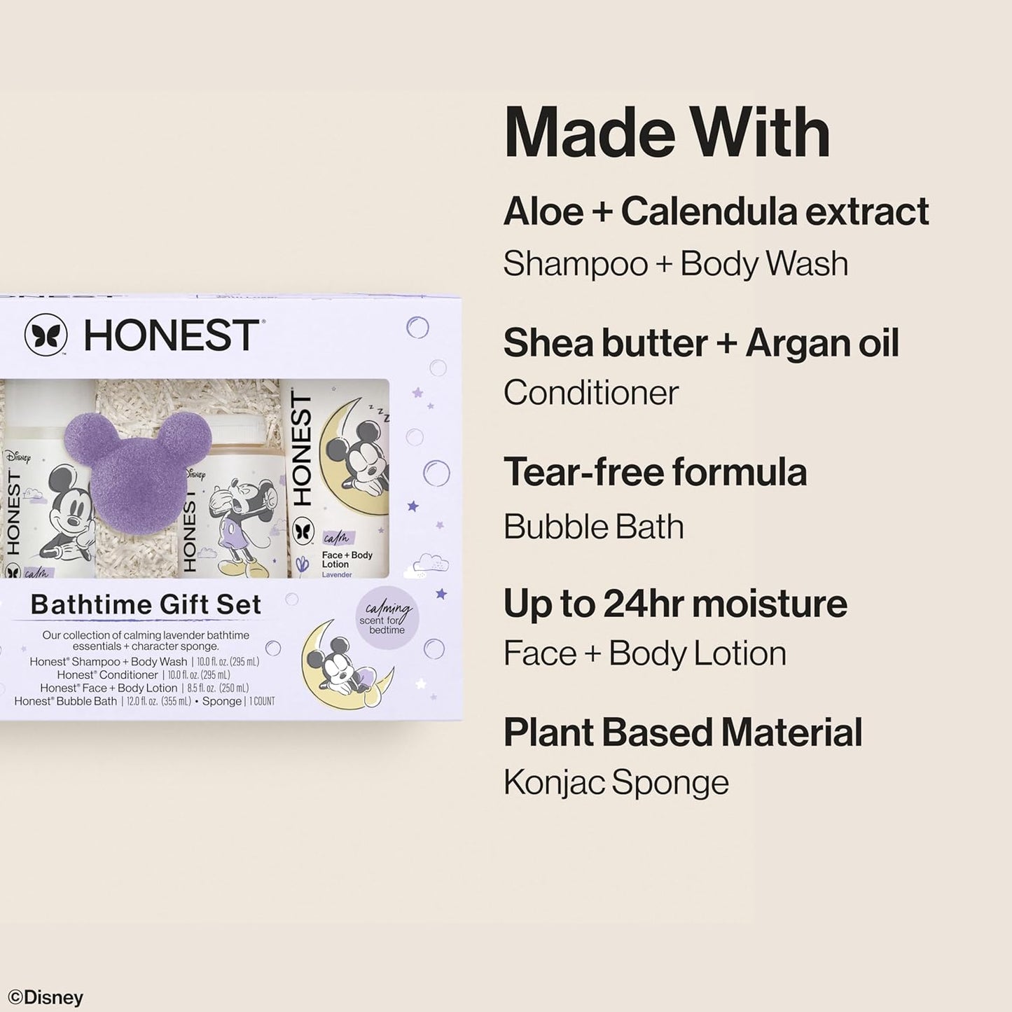 The Honest Company Calm Lavender Bathtime Gift Set and Disney Design Hypoallergenic Bath for Sensitive Baby Skin Shampoo and Body Wash Face and Body Lotion Bubble Bath Conditioner Sponge