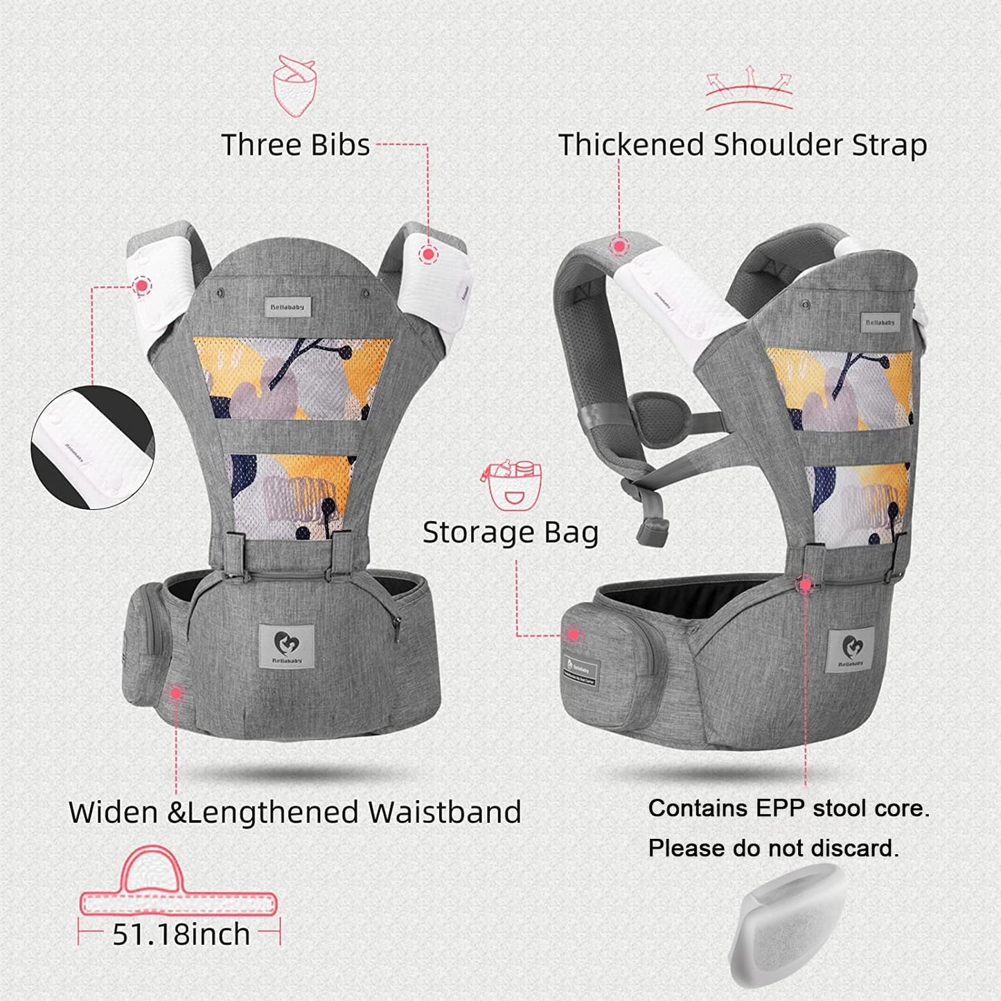Baby Carrier, Bellababy Multifunction Baby Carrier Hip Seat (Ergonomic M Position) for 3-36 Month Baby, 6-in-1 Ways to Carry, All Seasons, Adjustable Size, Perfect for Shopping Travelling (Grey)