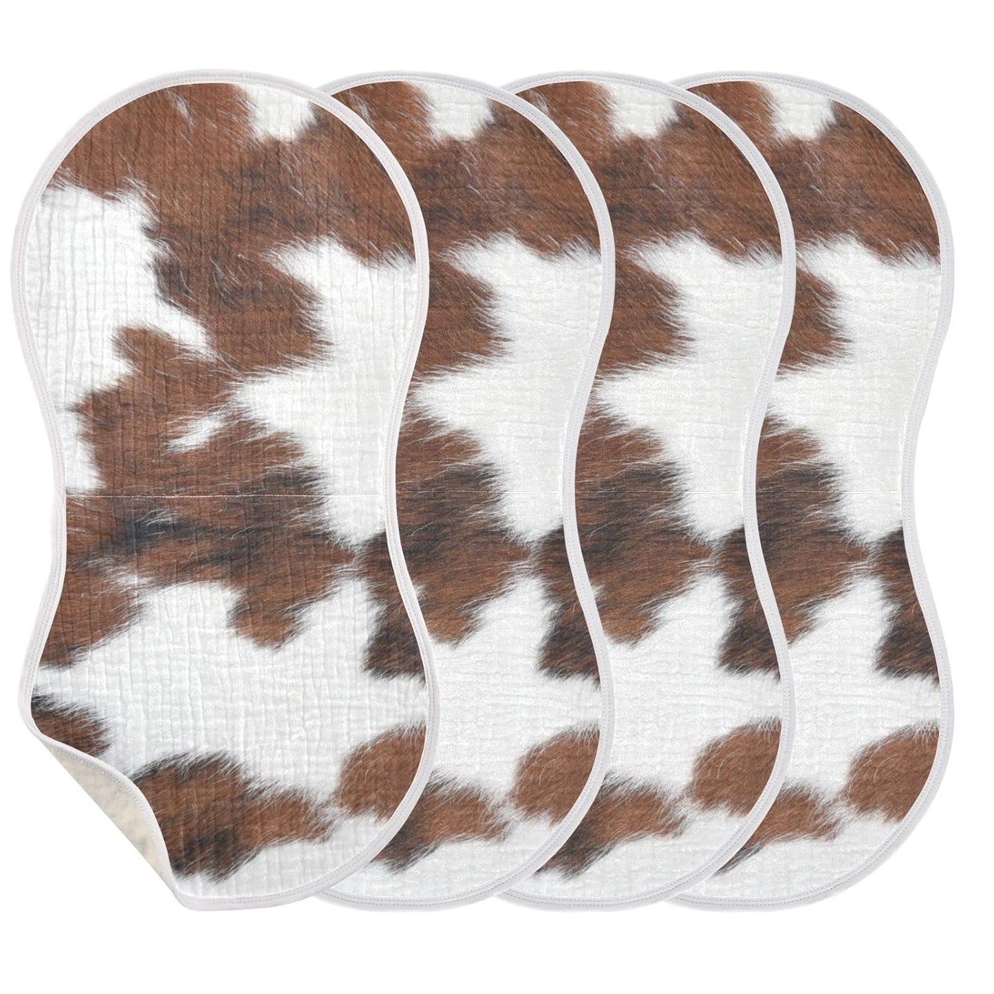 Muslin Baby Burp Cloths Set of 4, Soft Absorbent White Brown Print Cow Muslin Washcloths, Bibs, Face Towel for Newborn Boys Girls, 22 x 11 Inch