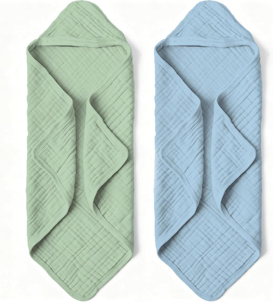 Organic Muslin Hooded Baby Bath Towels - 2 Pack 100% Organic Cotton Towel for Babies, Infants, Toddlers - 32x32Inch - Highly Absorbent and Newborn Essential(Blue Green)