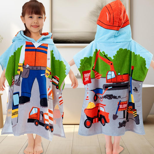 VOOVA & MOVAS Kids Beach Towels with Hood, (2-6Years,24"X48") Soft Cotton | Poncho for Toddlers, Ideal for Child Swim Camping Surf Shower | Birthday Gifts, Truck Work Zone Theme