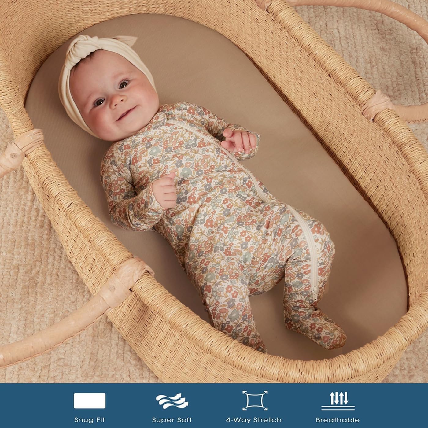 GRSSDER Stretchy Ultra Soft Fitted Bassinet Sheet 2 Pack, Universal Fit for Bassinets Baby Cradle Moses Basket Oval Rectangle Mattress Safe and Snug, Jersey Bassinet Sheets for Baby, Tan & Brown