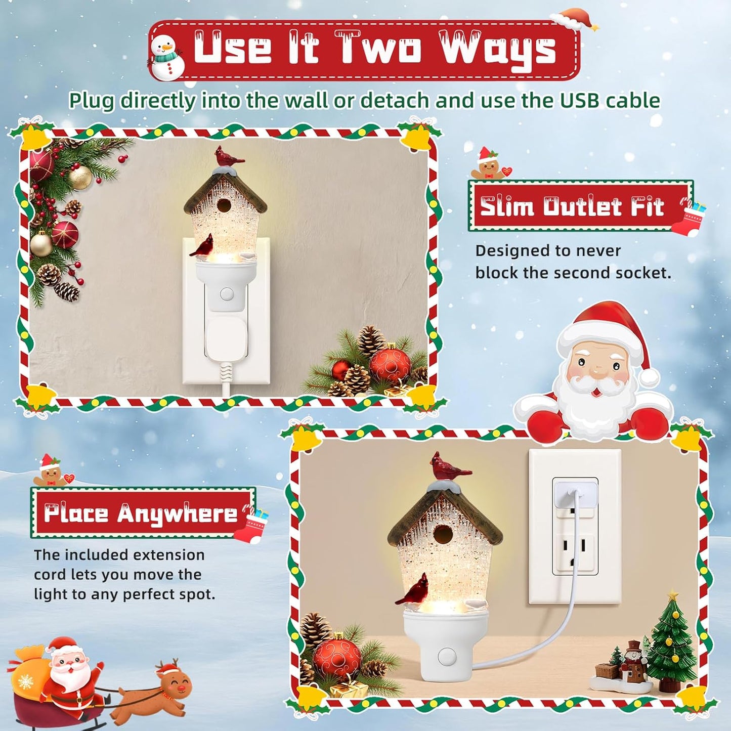 Christmas Night Light Plug into Wall Swirling Glitter USB Portable Christmas Decorative Night Light Decoration for Kids Adults Bedroom Kitchen Living Room Holiday Decor (Bird House)
