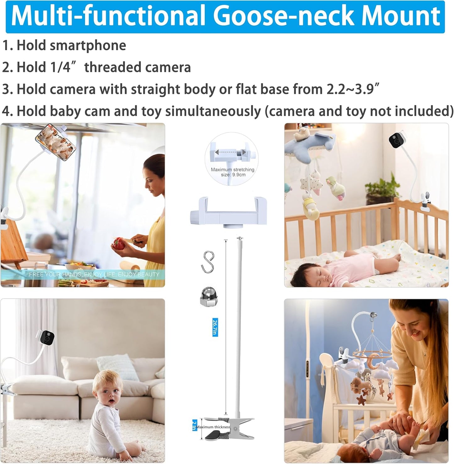 Gooseneck Baby Monitor Mount, 26 Inch Universal Camera Clip for Infant Optics DXR-8/8 Pro, Hellobaby/Momcozy/ANMEATE/Vtech/Motorola and Most Cameras with 1/4'' Screw or Flat Base