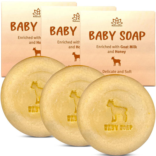 Relaxcation 3 Baby Soap Bars with Goat Milk and Honey - Naturally Cold Processed from Organic Ingredients - Handmade in USA - Ideal fro Newborns, babys, Kids and Adults (Pack of 3