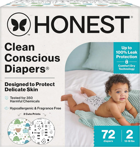 The Honest Company Clean Conscious Diapers for Delicate Skin | Up to 100% Leakproof | Hypoallergenic, Fragrance Free | Gender Neutral | Club Box, Size 2 (12-18 lbs), 72 Count (Prints May Vary)