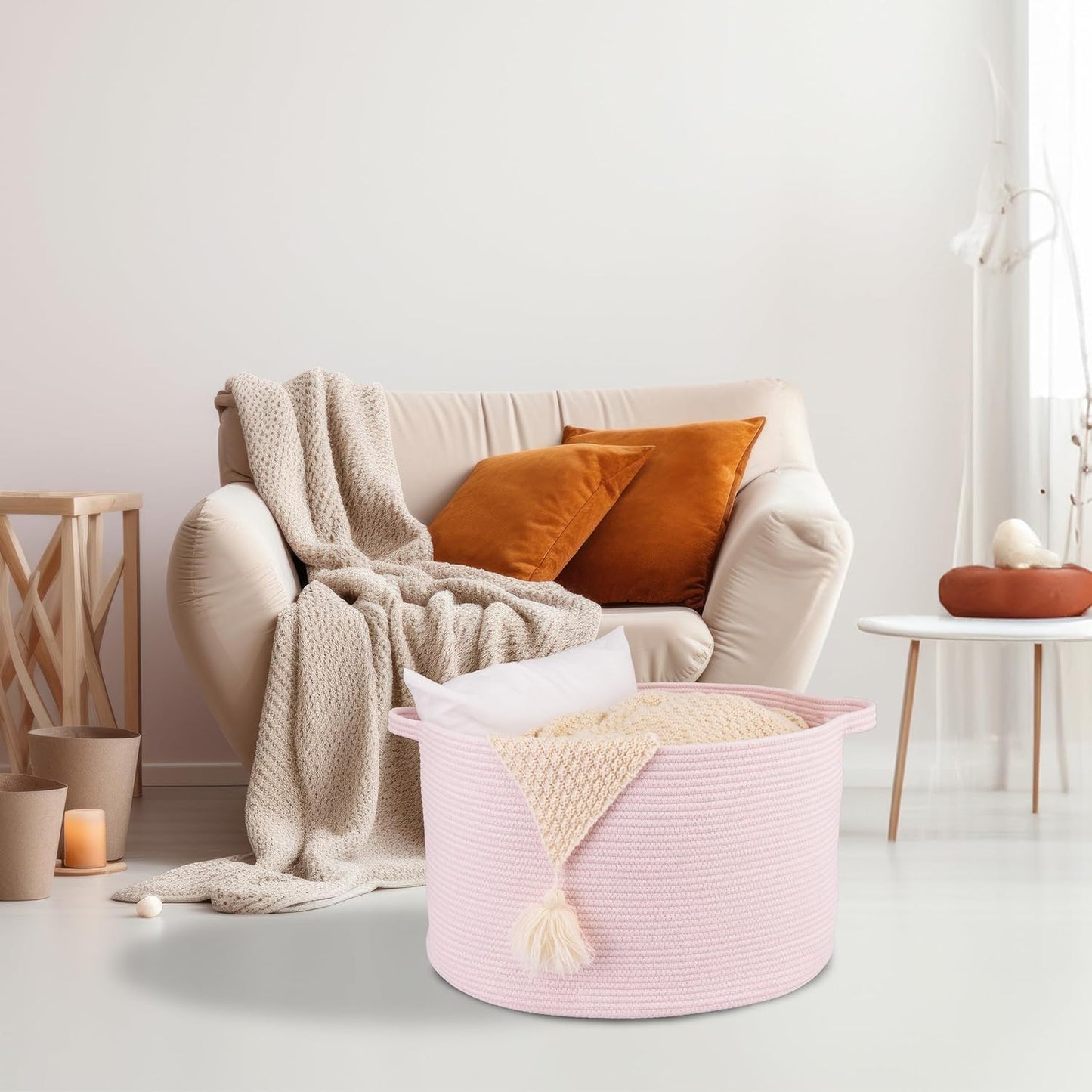 Large Cotton Rope Basket Blankets Basket Living Room 22"x14" Toy Baskets for Kids and Dogs Rope Storage Baskets for Nursery Woven Laundry Baskets for Clothes Towels Baby Toy Storage Round pink