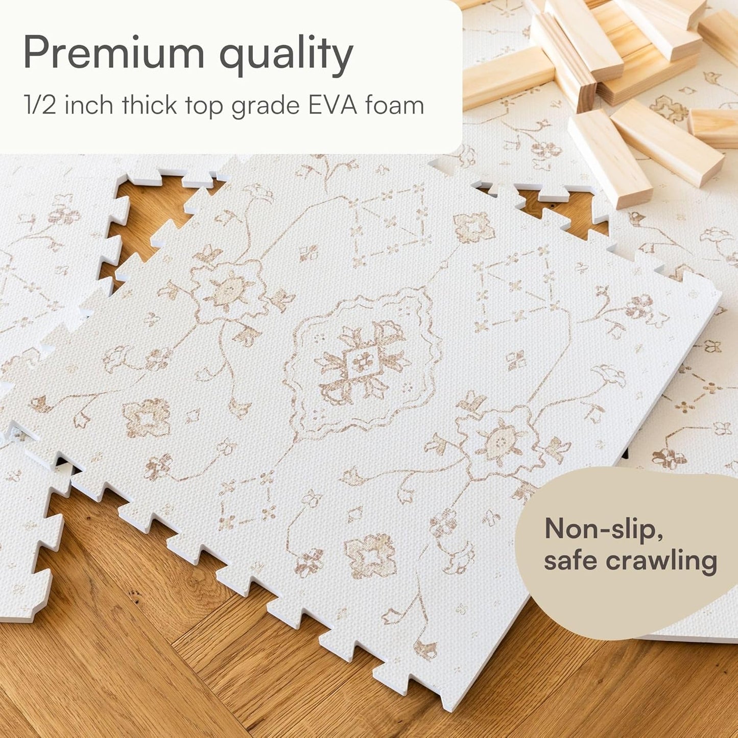 Lillefolk Baby Play Mat for Floor – 6x8ft Vintage Vanilla | Soft Non Toxic Premium EVA Foam Tiles for Tummy Time, Crawling & Playroom – Waterproof Floor Mat for Babies & Toddlers (12 Tiles)