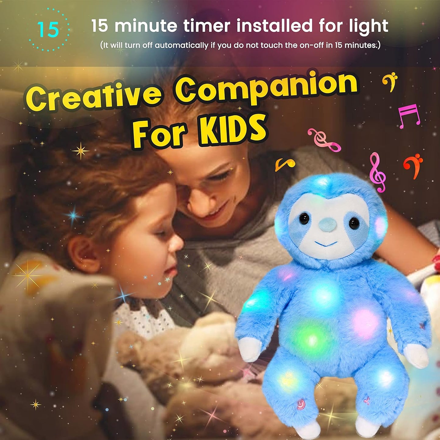 Hopearl LED Musical Plush Sloth Light up Stuffed Animal Three Toed Sloth Floppy Night Lights Glow in The Dark Birthday Festival for Kids Toddlers, Blue, 12.5''