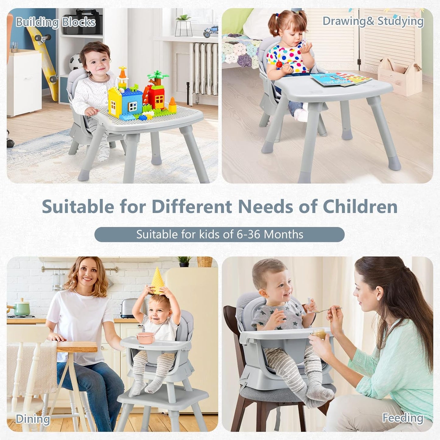 INFANS 8 in 1 Baby High Chair, Convertible Highchair for Babies and Toddlers, Infant Dining Booster Seat, Building Block Table, Kids Stool Table Chair Set with Removable Tray
