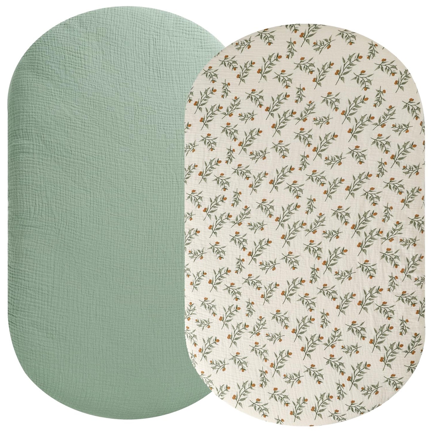 Muslin Bassinet Sheet Compatible with Fisher-Price Soothing Motions, Luminate Bassinet, Chicco LullaGo Anywhere Portable Bassinet, 2 Pack Cotton Fitted Sheets for Baby Roman Green & Botanical Leaf