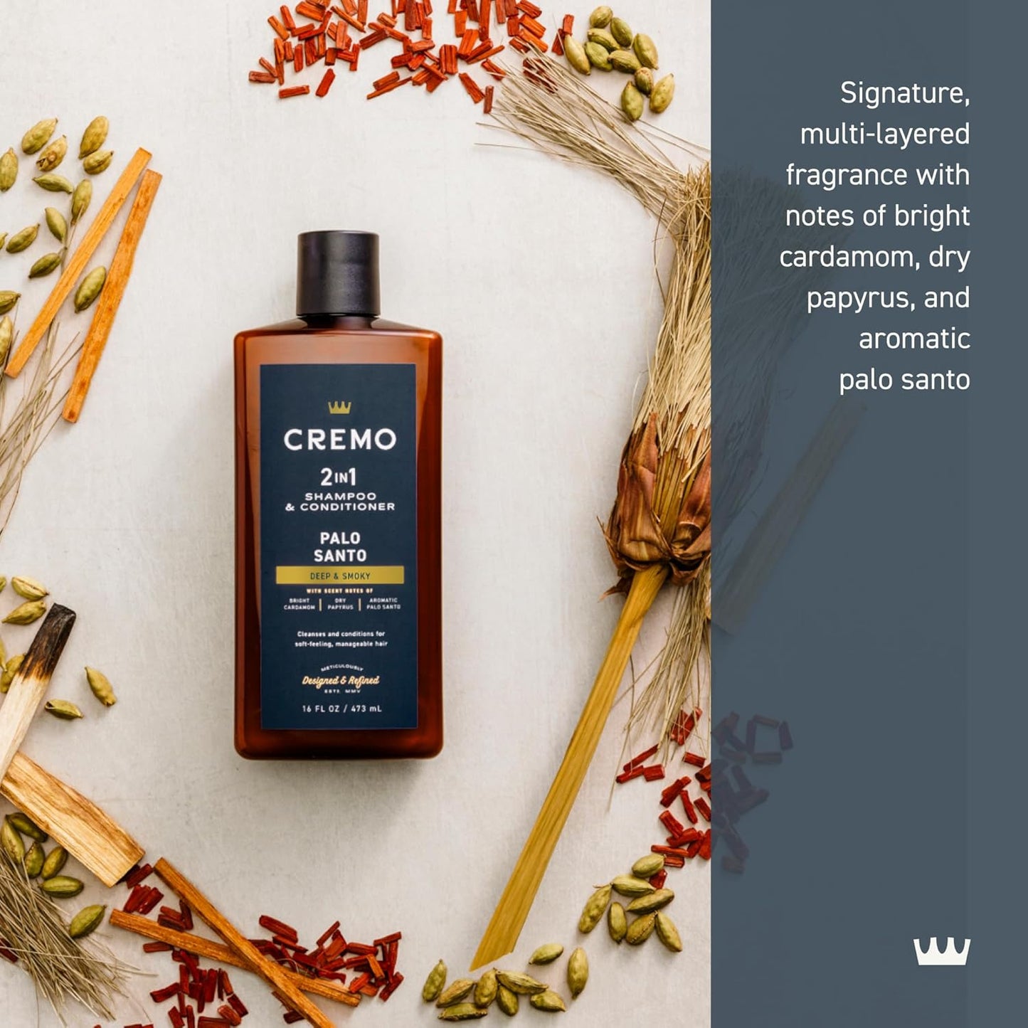 Cremo Palo Santo Barber Grade 2-n-1 Shampoo & Conditioner, Notes of Bright Cardamom, Dry Papyrus and Aromatic Palo Santo,16 Fl Oz