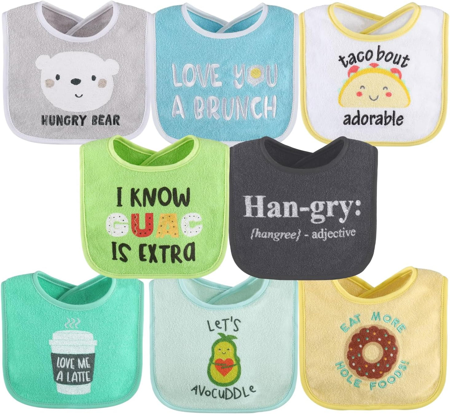 The Peanutshell Baby Boy or Girl Terry Bibs Set of 8-100% Cotton, Soft, Absorbent Baby Bibs, Unisex Toddler Boy or Girl Set, Newborn & Infant - Han-Gry