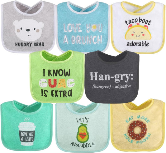 The Peanutshell Baby Boy or Girl Terry Bibs Set of 8-100% Cotton, Soft, Absorbent Baby Bibs, Unisex Toddler Boy or Girl Set, Newborn & Infant - Han-Gry