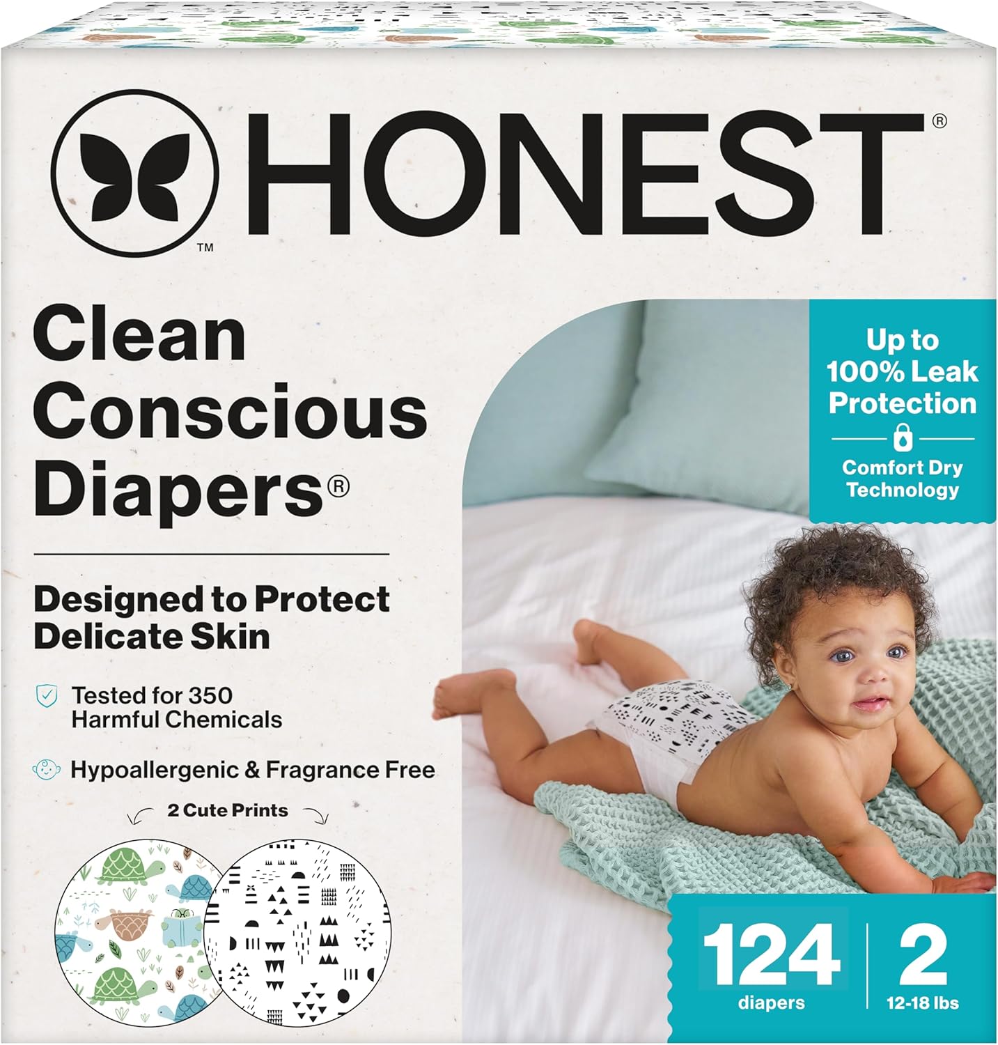 The Honest Company Clean Conscious Diapers for Sensitive Skin, Up to 100% Leakproof Hypoallergenic Fragrance-Free Baby Diapers, Gender Neutral Prints, Super Club Box, Size 2 (12–18 lbs), 124 Count