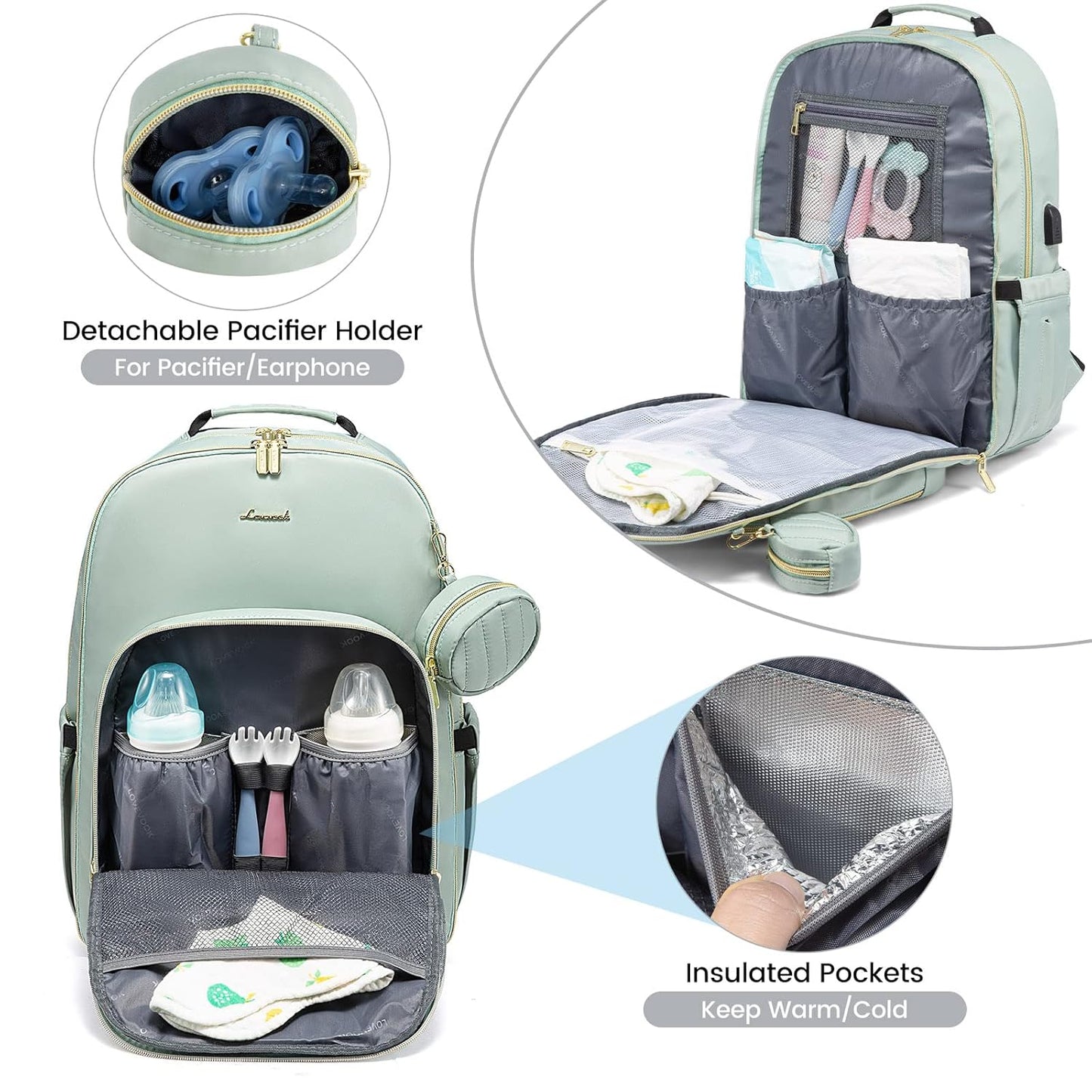 LOVEVOOK Diaper Bag Backpack, Quilted Baby Bag with Changing Pad & Pacifier Holder, Waterproof Travel Diaper Bags for Baby Boys Girls, Stylish and Large Capacity, Mint Green