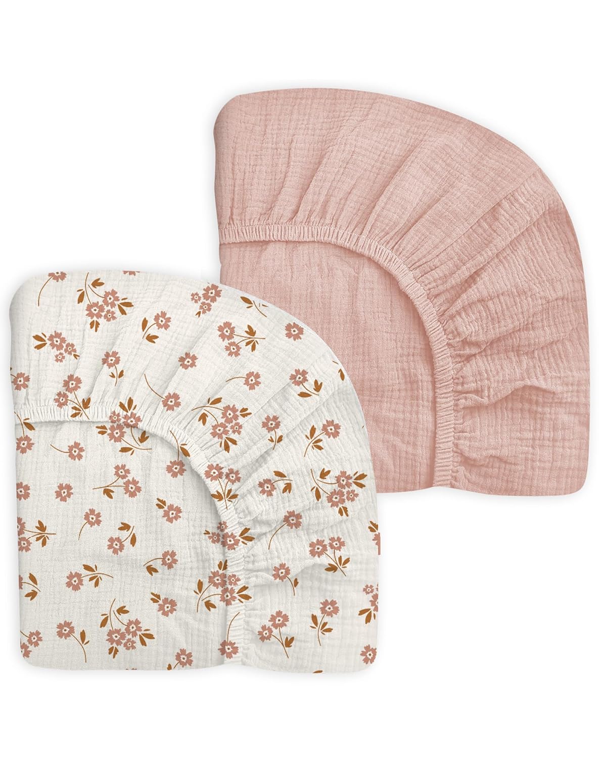 Pack and Play Sheets for Baby Boy and Girl 2 Pack, Neutral Muslin Cotton Pack N Play Mattresses Sheet 27"x39", Muslin Nursery Bedding Soft and Breathable Comfort (Floral & Pink)