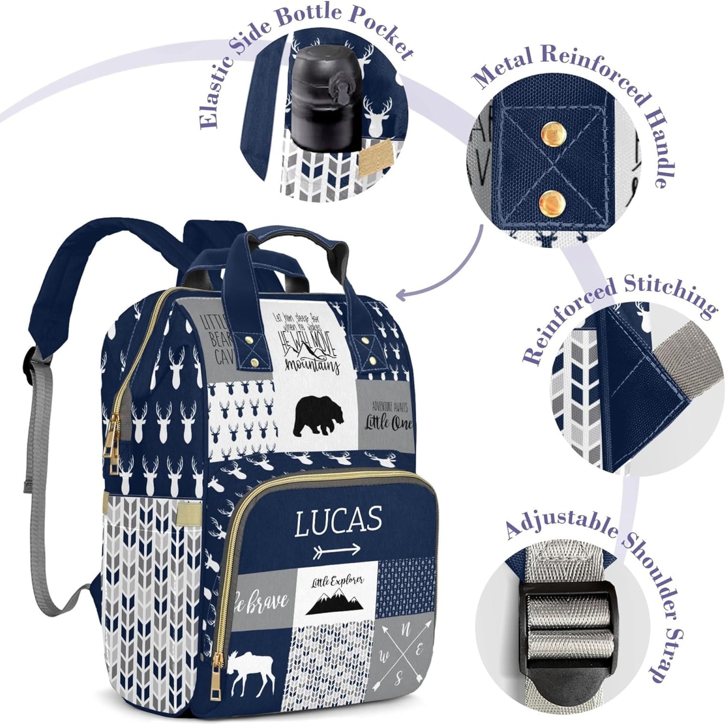 Woodland Bear Personalized Diaper Bag Backpack for Baby Boy with Name, Custom Nappy Nursing Bag for Moms Dads, Customized Gift, Large Capacity, Waterproof, Multifunctional