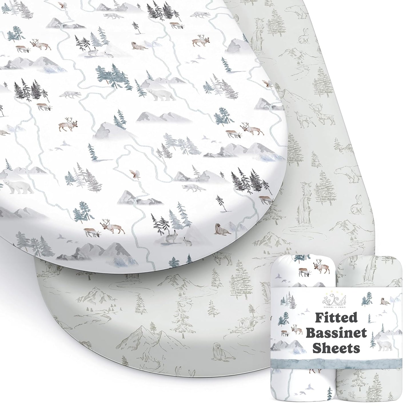 Baby Bassinet Sheets for Boy, Girl (Arctic Journey) 2-Pack - Fitted Bedside Bassinet Sheets - Buttery Soft Cotton Blend for Standard Mattress Pad - Compatible with Halo BassiNest