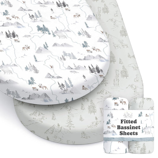 Baby Bassinet Sheets for Boy, Girl (Arctic Journey) 2-Pack - Fitted Bedside Bassinet Sheets - Buttery Soft Cotton Blend for Standard Mattress Pad - Compatible with Halo BassiNest