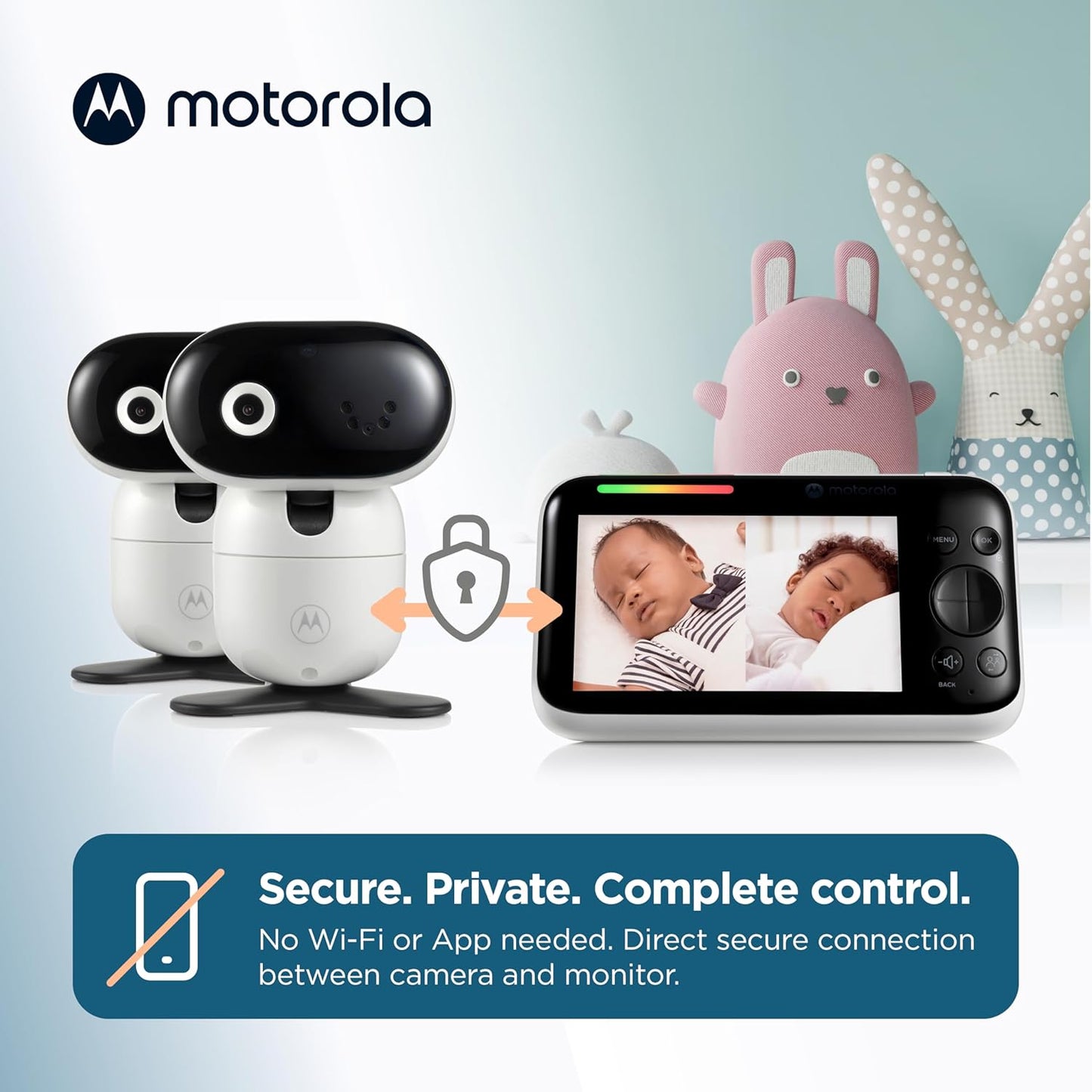 Motorola Nursery Video Baby Monitor with 2 Cameras, 5" Screen HD, No WiFi, Wall Mount, Long Range, 2-Way Audio, Temperature Sensor, Motorized, Lullabies, Cry Detection, PIP1610-2 HD