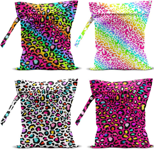 4 Pack Colorful Rainbow Neon Leopard Wet Bag Waterproof Washable Reusable Wet Dry Bag for Swimsuit Clothes Cloth Diaper Travel Pool Yoga Gym Toiletries Gift for Women Friend Bestie Christmas Birthday