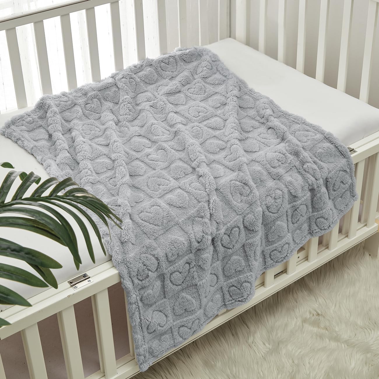 CREVENT 30"X40" Cozy Soft Warm Sherpa Baby Blanket for Girls Boys, Newborn Essentials for Infant, Baby Shower Receiving Gift - Grey Heart 75X100cm + Gift Bag with Ribbon