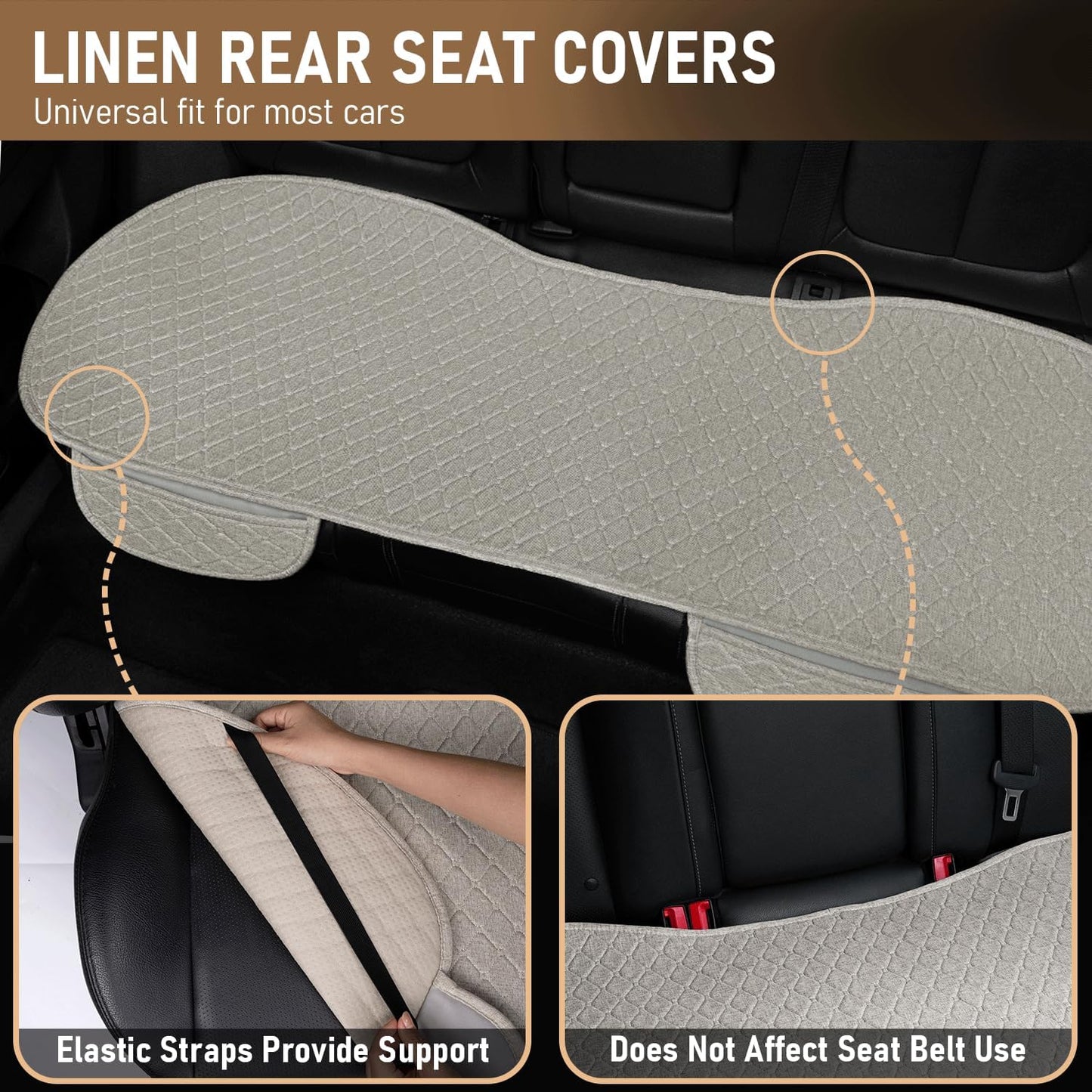 3 PCS Linen Car Seat Covers with Storage Pocket, Back Seat Covers Protectors with Non-Slip, Breathable Bench Seat Covers Universal Fit for SUVs, Cars, Trucks (Beige)