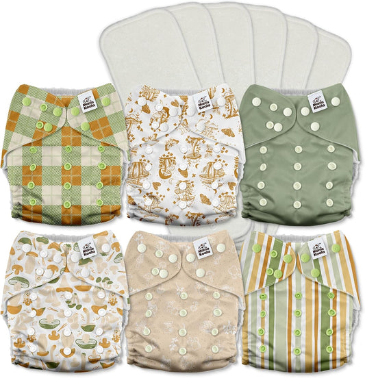 Mama Koala 3.0 Pocket Cloth Diapers for Babies with AWJ Lining, 6 Pack with 6 5-Layer Natural Cloth Diaper Inserts - Reusable and Washable Pocket Diapers(A-Mushrooms)