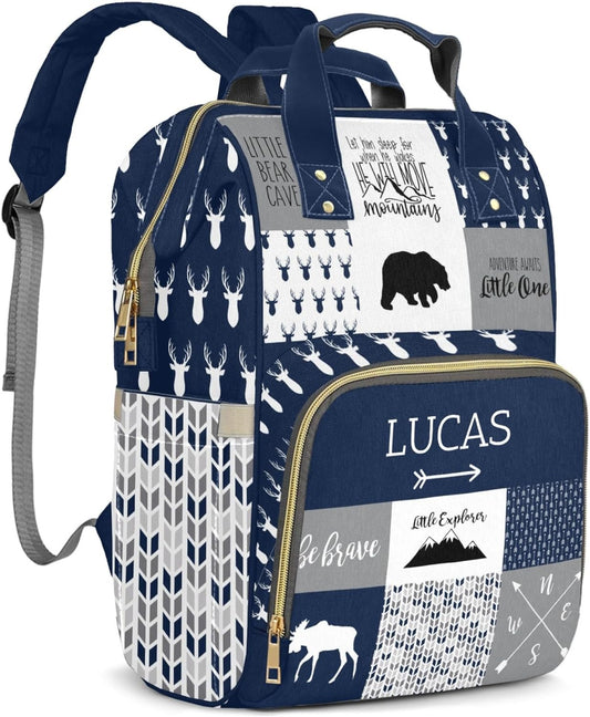 Woodland Bear Personalized Diaper Bag Backpack for Baby Boy with Name, Custom Nappy Nursing Bag for Moms Dads, Customized Gift, Large Capacity, Waterproof, Multifunctional