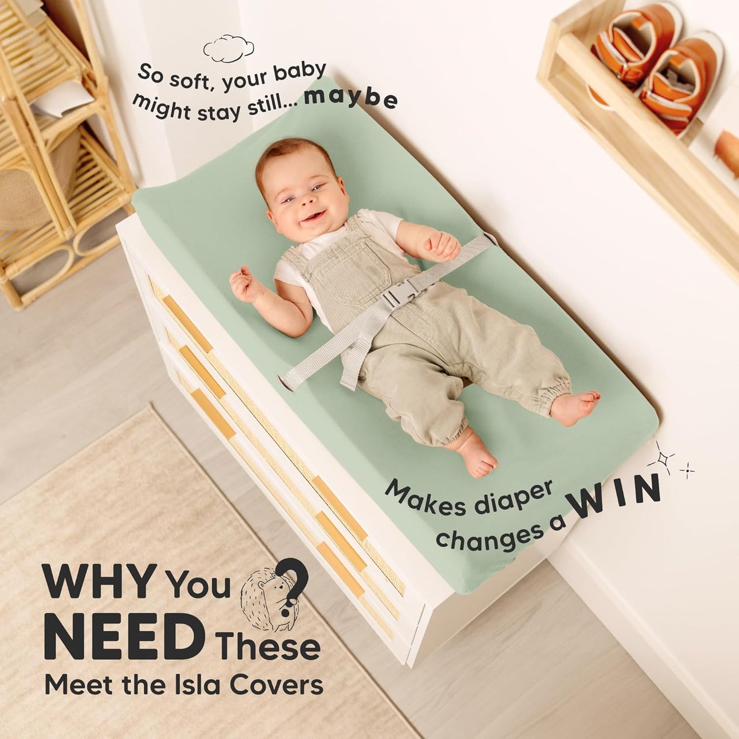 2-Pack Baby Changing Pad Cover for Girl, Boy - 32x16 Soft Viscose Derived from Bamboo Baby Diaper Changing Table Pad Cover Sheets, Neutral, Snug Fit Nursery Diaper Change Sheets (Sage)