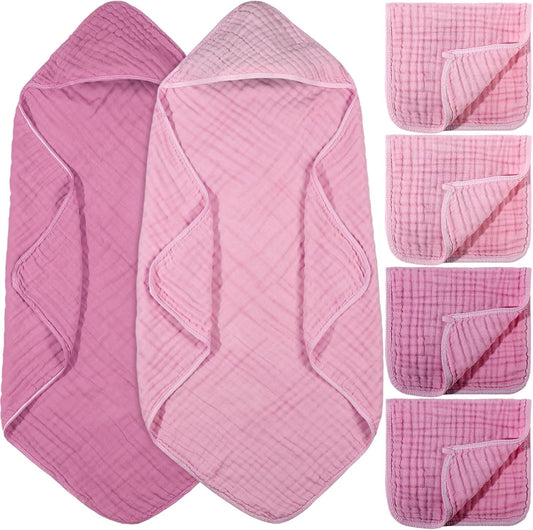VitalCozy 6 Pcs Baby Muslin Hooded Bath Towels and Washcloths, 32 x 32 Inch Muslin Cotton Hooded Baby Towels Absorbent Hooded Blankets for Gift Newborn Infant Shower (Rose Red,Pink)